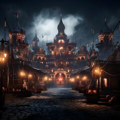 Dramatic night scene of the old city. 3D Rendering