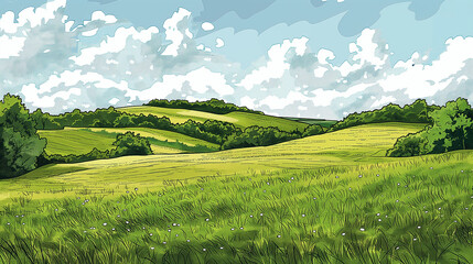 Vector sketch Green grass field on small hills. Meadow, alkali, lye, grassland, pommel, lea, pasturage, farm. Rural scenery landscape panorama of countryside pastures. - obrazy, fototapety, plakaty