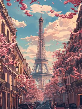 Artistic illustration of Paris with Eiffel Tower - Vibrant image of Eiffel Tower amidst pink blossoming trees under a pastel sky in a Parisian street setting