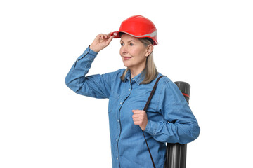 Architect in hard hat with tube on white background