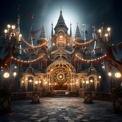 Tuinposter Fairy tale castle with Christmas lights at night. Digital painting. © Iman