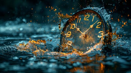 A clock face melting into a puddle of distorted numbers symbolizing the fluid nature of time and its impact on our perception of space. - obrazy, fototapety, plakaty