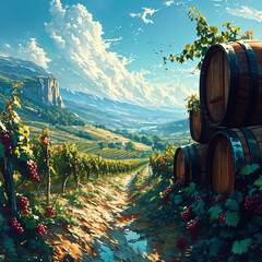 Barrel In Vineyard At Sunset