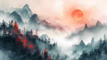 Fototapete Rund Sunrise landscape with misty forest, distant mountains and sunrise sky. Traditional oriental ink painting sumi-e, u-sin, go-hua. © Wasin Arsasoi