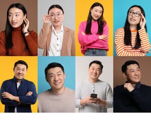 Fototapeta na wymiar Collage with photos of Asian woman and man on different color backgrounds