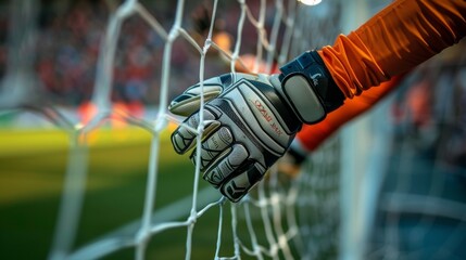 A closeup of the goalkeepers hands as they stretch to block the goal. - obrazy, fototapety, plakaty