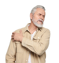 Arthritis symptoms. Man suffering from pain in shoulder on white background