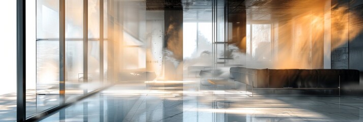 Contemporary interior with sunbeams and shadows - Modern interior space with sharp sunlight casting dynamic shadows and reflections on sleek surfaces