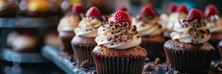 Decadent chocolate cupcakes topped with berries - These irresistible chocolate cupcakes are beautifully decorated with a swirl of cream frosting, raspberries, and chocolate shavings - obrazy, fototapety, plakaty