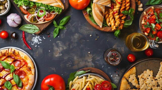 Flat lay of mixed Italian dishes - Top view of a delicious spread of Italian food including pizza, sandwiches, and pasta