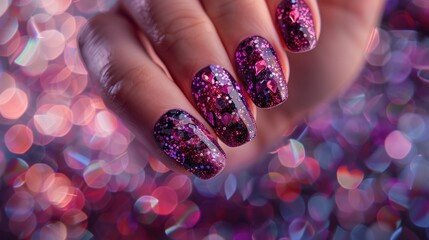 Close-up of sparkly purple manicured nails over shimmering glitter background evoking glamour and elegance. Beauty and fashion trends with emphasis on nail art and design.