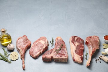 Fresh raw beef cuts, spices and oil on light grey textured table, above view. Space for text