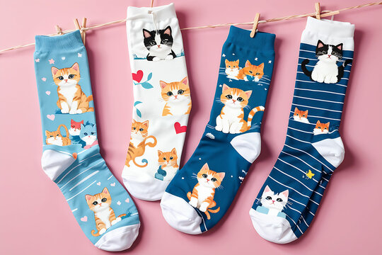 pair of socks, cat pattern, Generative AI, 