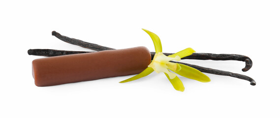 Glazed curd cheese bar, vanilla pods and flower isolated on white