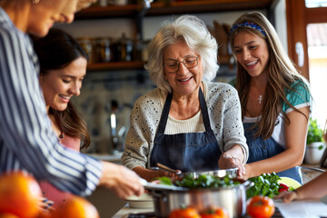 Seniors cook in the kitchen with their families