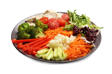 Balanced diet and healthy foods. Plate with different delicious products isolated on white