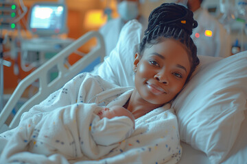 Happy tired black African American woman after childbirth at medical clinic wearing hospital robe holding a newborn baby on hands,  happy smiling doctors nurses around her 