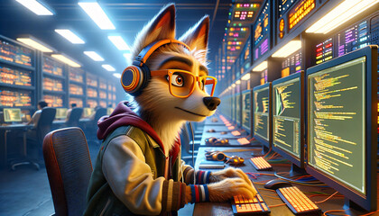 Digitally imagined adolescent fox character proficiently navigating through coding software on a multi-monitor computer setup, highlighting the intersection of youth and high-level computing skills.  - obrazy, fototapety, plakaty