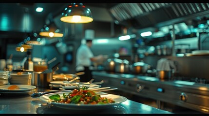 Professional chef preparing gourmet meals in commercial kitchen with focus on nutritious dish in...