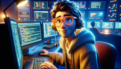 An enthusiastic young man with glasses, captivated by the glowing screens of advanced programming interfaces, illustrating the blend of human curiosity with cutting-edge technology.
