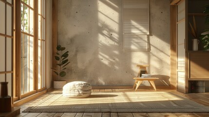 Tranquil minimalist Japanese-style room with natural sunlight casting shadows on textured walls. Zen-inspired interior design with peaceful atmosphere. Home decor and architecture.