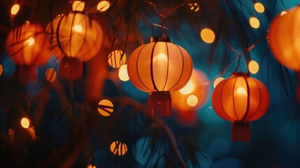 Festive red lanterns glowing amidst backdrop of blue lights and green foliage. Chinese New Year celebration. - obrazy, fototapety, plakaty