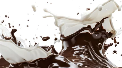 Zelfklevend Fotobehang Energetic splash of milk and dark chocolate mixing in air creating dynamic fusion of dairy and cocoa perfect for culinary backgrounds. Food photography and culinary arts. © Postproduction
