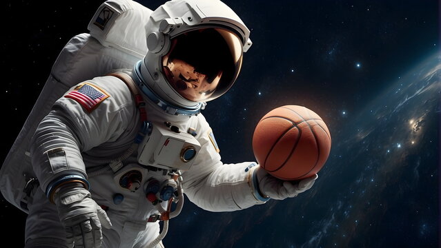 Astronaut in the outer space plays Basketball