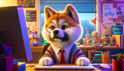 A cartoon Akita Inu dog is concentrating at a computer and learning how to program. The concept of learning and science - obrazy, fototapety, plakaty