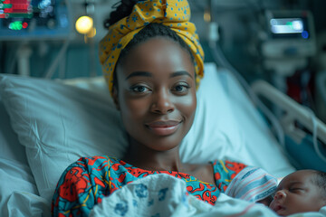 Happy tired black African American woman after childbirth at medical clinic wearing hospital robe holding a newborn baby on hands,  happy smiling doctors nurses around her 