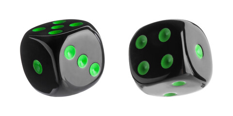 Black dice in air on white background