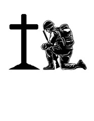 Soldier Kneeling at cross Illustration, Fallen Soldier Stencil, Kneeling at Memorial Vector, Soldier Kneeling Praying, Navy, Veteran, Army - obrazy, fototapety, plakaty