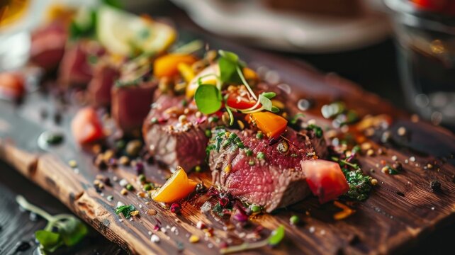 Gourmet seared steak on wooden board - Delicious high-end cuisine image, featuring a perfectly seared steak garnished with fresh herbs, spices, and edible flowers