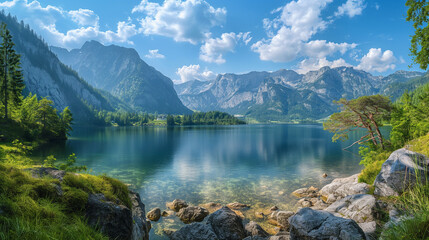 Impressively beautiful Fairy-tale mountain lake in Austrian Alps. colorful Scenery. Panoramic view of beautiful mountain landscape in Alps with lake, concept of an ideal resting place.