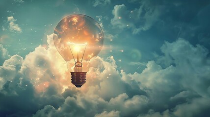 Hot air balloon shaped lightbulb in sky - A conceptual image of a lightbulb in the shape of a hot air balloon floating in a vibrant sky amongst fluffy clouds