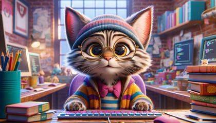 A cartoon kitten concentrates at the computer and learns how to program. The concept of learning and science