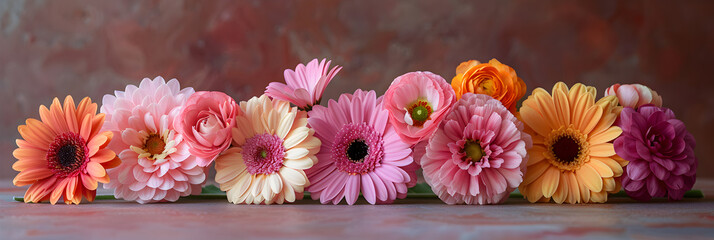 Row of Pink and Orange Flowers on Table ,
A rustic bouquet of multi colored daisies