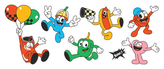 Set of 70s groovy element vector. Collection of cartoon characters, doodle smiley face, green pepper, can, heart, sausage, basketball. Cute retro groovy hippie design for decorative, sticker, kids.