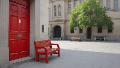 A Red Door With A Bench Beside It In A City Square