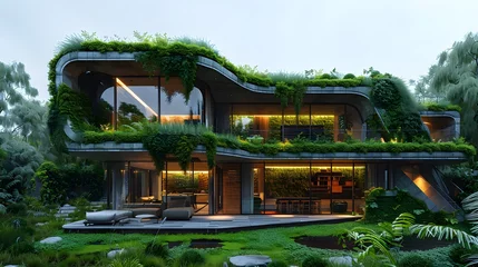 Deurstickers architectural ingenuity of a sustainable eco-house, where living walls and green roofs provide natural insulation and purify the air, blending modern design with environmental consciousness © Artistic_Creation