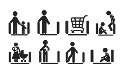 Bundle set icon for safety and security sign on an escalator, for mall, airport, indoor moving stairs label 