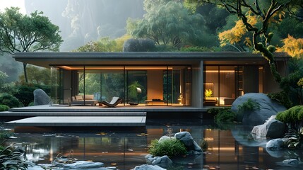 a minimalist living structure, where clean lines and natural materials create a tranquil retreat, seamlessly blending with the surrounding environment, captured in stunning high-resolution realism.