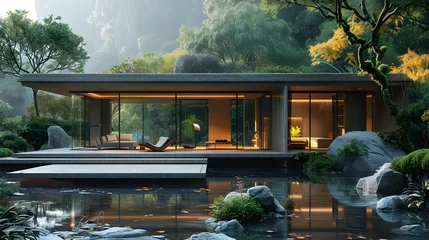 Fototapeten a minimalist living structure, where clean lines and natural materials create a tranquil retreat, seamlessly blending with the surrounding environment, captured in stunning high-resolution realism. © Artistic_Creation