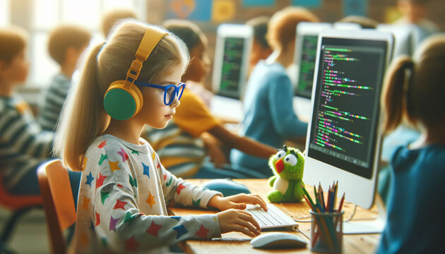 A seven-year-old girl is learning to code with peers in class, focused and engaged, concept: children's IT education.
