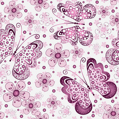 Vector seamless hand drawn floral pattern with pink gradient butterflies and cherry flowers on white