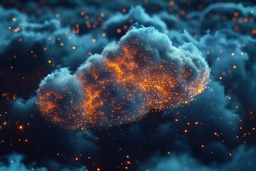 3D illustration of a cloud with glowing lights in the night sky, Ai Generated