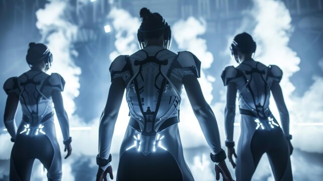 Athletes in modern futuristic uniforms perform intricate moves on a futuristic set their backs to the camera as they defy gravity . .