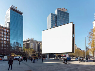 Digital billboard mockup atop glass tower blue sky