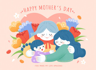 Mothers day greeting card. Grandma, mom and daughter hugging on light pink background with flowers.