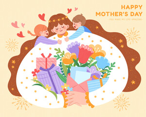 Mothers day greeting card. Children hugging mom with gifts, and flowers on light yellow background.